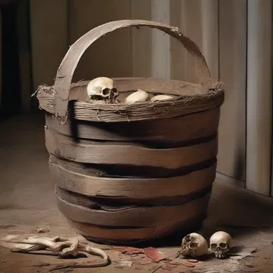 The bushel basket was discovered in the attic of the old haunted house, filled with bones and blood.