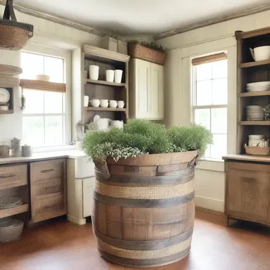 The rustic farmhouse kitchen was adorned with a vintage bushel basket, adding a touch of country charm to the space.