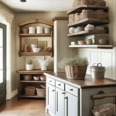 The rustic farmhouse kitchen was adorned with a vintage bushel basket, adding a touch of country charm to the space.