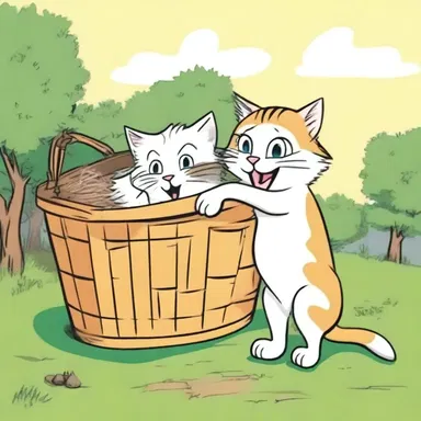 In the cartoon, the mischievous cat used a bushel basket to hide himself and surprise the dog.