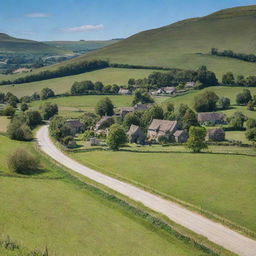 A picturesque, remote village of Ravenscroft nestled in green rolling hills under a clear blue sky, with quaint cottages, a small church in the distance and villagers going about their daily routine.