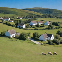 A picturesque, remote village of Ravenscroft nestled in green rolling hills under a clear blue sky, with quaint cottages, a small church in the distance and villagers going about their daily routine.