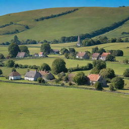 A picturesque, remote village of Ravenscroft nestled in green rolling hills under a clear blue sky, with quaint cottages, a small church in the distance and villagers going about their daily routine.