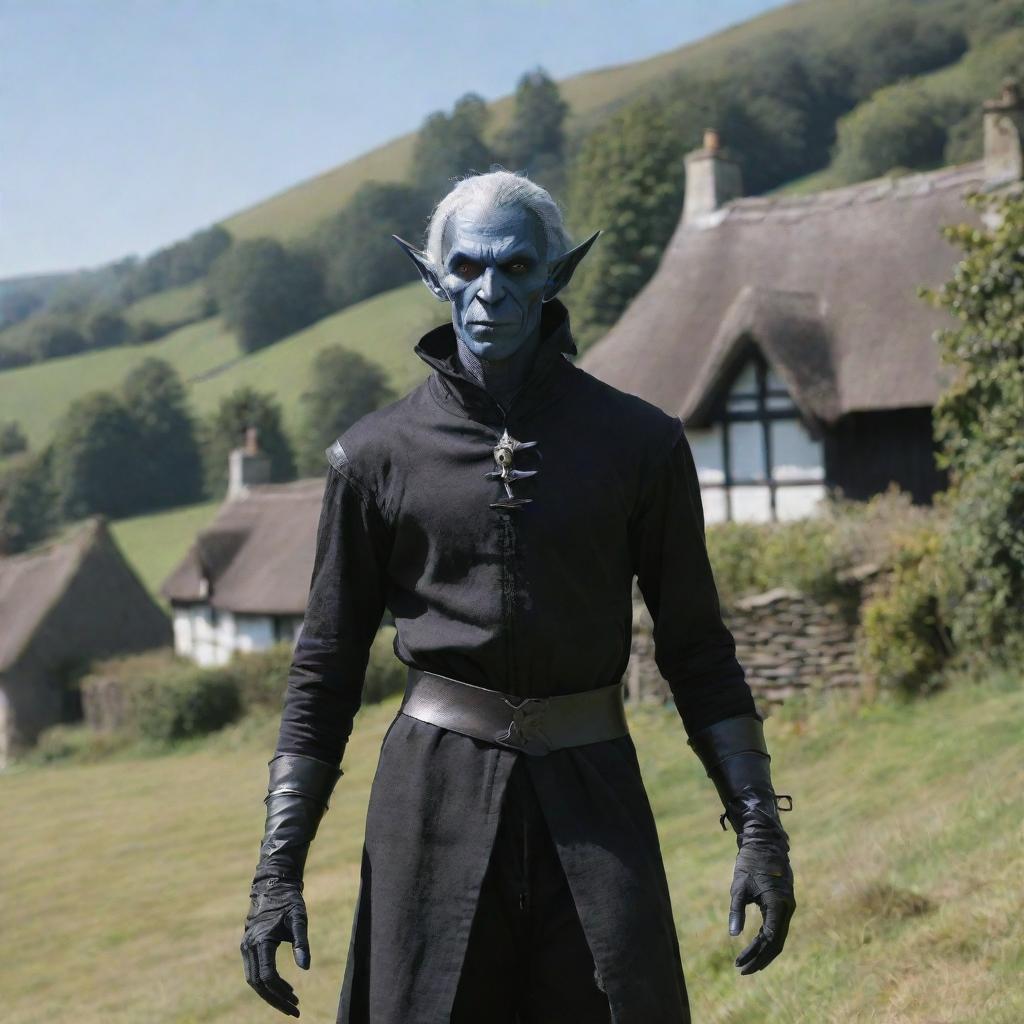 Depict the unique sight of Drow, a dark elf from fantasy folklore, residing in the quaint, remote village of Ravenscroft, where the medieval cottages stand against rolling green hills and a clear blue sky.