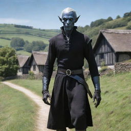 Depict the unique sight of Drow, a dark elf from fantasy folklore, residing in the quaint, remote village of Ravenscroft, where the medieval cottages stand against rolling green hills and a clear blue sky.