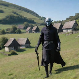 Depict the unique sight of Drow, a dark elf from fantasy folklore, residing in the quaint, remote village of Ravenscroft, where the medieval cottages stand against rolling green hills and a clear blue sky.