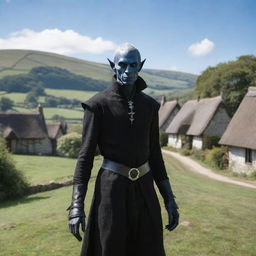 Depict the unique sight of Drow, a dark elf from fantasy folklore, residing in the quaint, remote village of Ravenscroft, where the medieval cottages stand against rolling green hills and a clear blue sky.