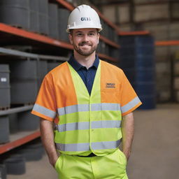 A professional and safety-oriented outfit for oil company employees, complete with hard hat, reflective vest, company branded t-shirt, work pants, and steel-toe boots.