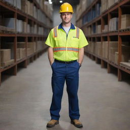 A professional and safety-oriented outfit for oil company employees, complete with hard hat, reflective vest, company branded t-shirt, work pants, and steel-toe boots.