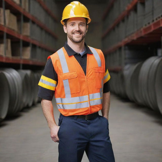 A professional and safety-oriented outfit for oil company employees, complete with hard hat, reflective vest, company branded t-shirt, work pants, and steel-toe boots.