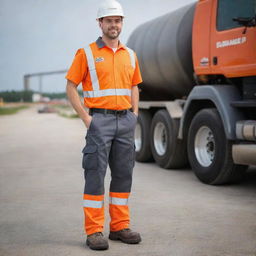 A professional and safety-oriented outfit for oil company employees, complete with hard hat, reflective vest, company branded t-shirt, work pants, and steel-toe boots.