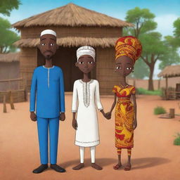 In the AI-animated African tale cartoon, weave a narrative of Amina's village governed by a wise and just king, and his son, Prince Kofi. Highlight youthful moments where Amina and Kofi's paths cross during festive celebrations, suggesting fleeting moments of connection.