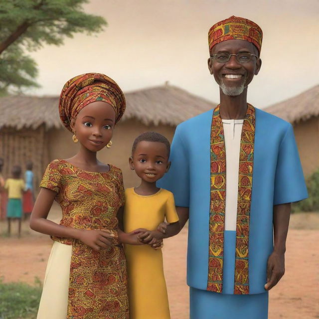 In the AI-animated African tale cartoon, weave a narrative of Amina's village governed by a wise and just king, and his son, Prince Kofi. Highlight youthful moments where Amina and Kofi's paths cross during festive celebrations, suggesting fleeting moments of connection.