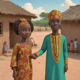 In the AI-animated African tale cartoon, weave a narrative of Amina's village governed by a wise and just king, and his son, Prince Kofi. Highlight youthful moments where Amina and Kofi's paths cross during festive celebrations, suggesting fleeting moments of connection.