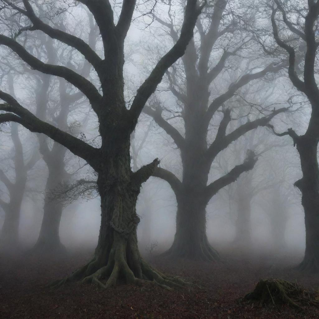 A creeping fog winding through the trees like ghostly fingers, imbuing the scene of the Drow, a dark elf, set against the backdrop of his residence in the remote village of Ravenscroft with an aura of eerie mystery.