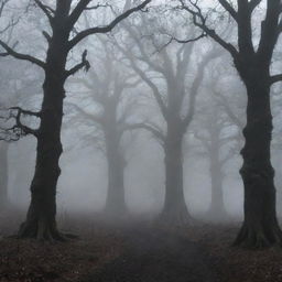 A creeping fog winding through the trees like ghostly fingers, imbuing the scene of the Drow, a dark elf, set against the backdrop of his residence in the remote village of Ravenscroft with an aura of eerie mystery.