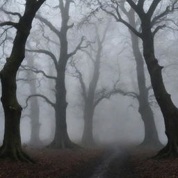 A creeping fog winding through the trees like ghostly fingers, imbuing the scene of the Drow, a dark elf, set against the backdrop of his residence in the remote village of Ravenscroft with an aura of eerie mystery.