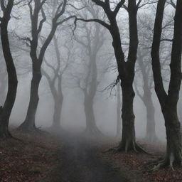 A creeping fog winding through the trees like ghostly fingers, imbuing the scene of the Drow, a dark elf, set against the backdrop of his residence in the remote village of Ravenscroft with an aura of eerie mystery.