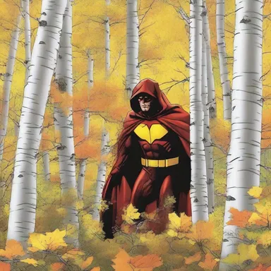 The comic book hero takes shelter in the dense grove of aspen trees, using their flickering leaves to camouflage their presence.