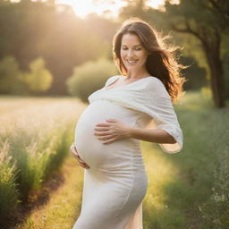 A radiant pregnant woman joyfully carrying triplets, enhanced with warmth and emotions. She emanates a glow of maternity bliss surrounded by a peaceful ambient setting.