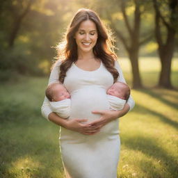 A radiant pregnant woman joyfully carrying triplets, enhanced with warmth and emotions. She emanates a glow of maternity bliss surrounded by a peaceful ambient setting.