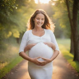 A radiant pregnant woman joyfully carrying triplets, enhanced with warmth and emotions. She emanates a glow of maternity bliss surrounded by a peaceful ambient setting.