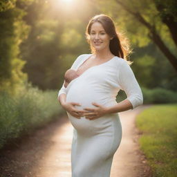 A radiant pregnant woman joyfully carrying triplets, enhanced with warmth and emotions. She emanates a glow of maternity bliss surrounded by a peaceful ambient setting.