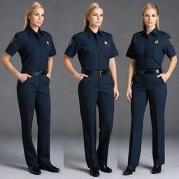 An array of exceptionally stylish and beautiful uniforms for security personnel, detailed with high-quality textures, modern design lines, and professional aesthetics. Colors should be primarily navy, black, or dark green nuanced with gold and silver accents.