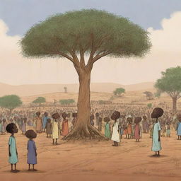 Continuing the African tale in an AI-animated cartoon, draw a scene where a drought plagues the land, threatening crops and villagers' livelihood. The king, in response, announces a grand festival to appease the rain spirits and seek their mercy.