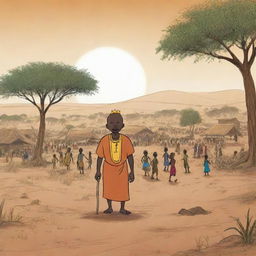 Continuing the African tale in an AI-animated cartoon, draw a scene where a drought plagues the land, threatening crops and villagers' livelihood. The king, in response, announces a grand festival to appease the rain spirits and seek their mercy.