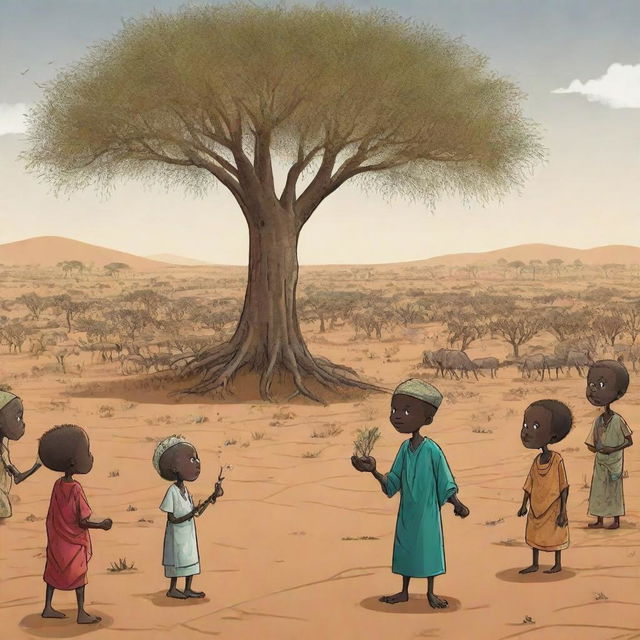 Continuing the African tale in an AI-animated cartoon, draw a scene where a drought plagues the land, threatening crops and villagers' livelihood. The king, in response, announces a grand festival to appease the rain spirits and seek their mercy.