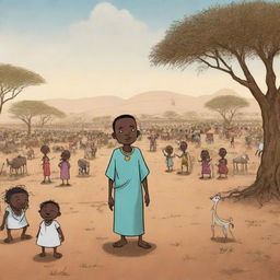 Continuing the African tale in an AI-animated cartoon, draw a scene where a drought plagues the land, threatening crops and villagers' livelihood. The king, in response, announces a grand festival to appease the rain spirits and seek their mercy.