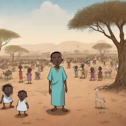 Continuing the African tale in an AI-animated cartoon, draw a scene where a drought plagues the land, threatening crops and villagers' livelihood. The king, in response, announces a grand festival to appease the rain spirits and seek their mercy.