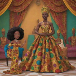 In the AI-animated African tale cartoon, create a captivating scene where, during the festivity, Amina, adorned in a gown crafted from vibrant African fabrics, catches Prince Kofi's eye once again.