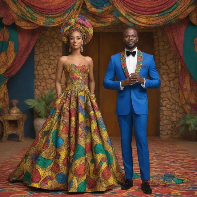 In the AI-animated African tale cartoon, create a captivating scene where, during the festivity, Amina, adorned in a gown crafted from vibrant African fabrics, catches Prince Kofi's eye once again.