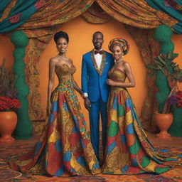 In the AI-animated African tale cartoon, create a captivating scene where, during the festivity, Amina, adorned in a gown crafted from vibrant African fabrics, catches Prince Kofi's eye once again.