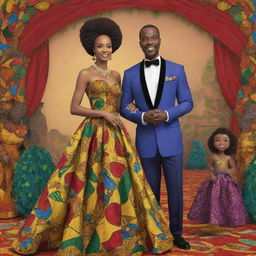 In the AI-animated African tale cartoon, create a captivating scene where, during the festivity, Amina, adorned in a gown crafted from vibrant African fabrics, catches Prince Kofi's eye once again.