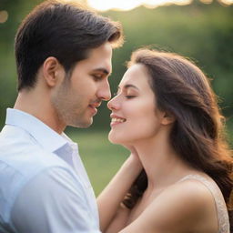 Enhance a photo emanating the true essence of love, featuring an intimate moment between two individuals, with expressive looks and romantic background.