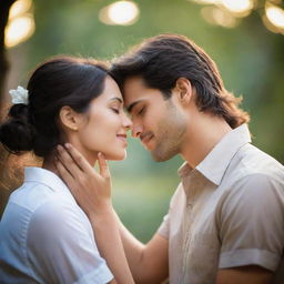 Enhance a photo emanating the true essence of love, featuring an intimate moment between two individuals, with expressive looks and romantic background.