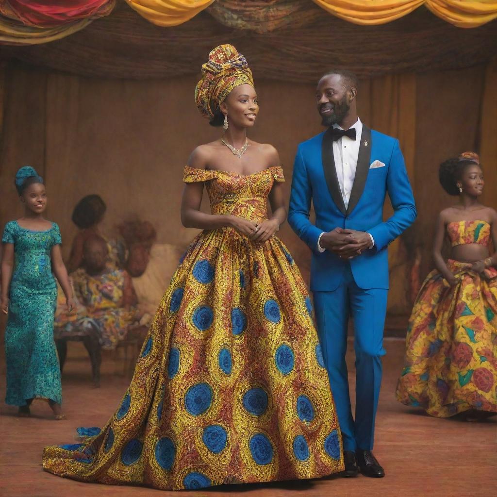 Create a 4k cinematic AI-animated African tale cartoon showcasing a moment during the festival, where Amina, in a gown made from vibrant African fabrics, captivates Prince Kofi's gaze.