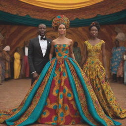 Create a 4k cinematic AI-animated African tale cartoon showcasing a moment during the festival, where Amina, in a gown made from vibrant African fabrics, captivates Prince Kofi's gaze.