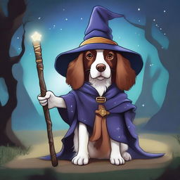 A high-quality, digital art image of a Breton Spaniel dog, dressed in a whimsical wizard costume