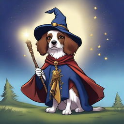 A high-quality, digital art image of a Breton Spaniel dog, dressed in a whimsical wizard costume