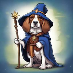 A high-quality, digital art image of a Breton Spaniel dog, dressed in a whimsical wizard costume