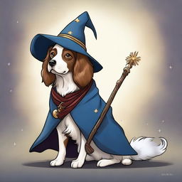 A high-quality, digital art image of a Breton Spaniel dog, dressed in a whimsical wizard costume