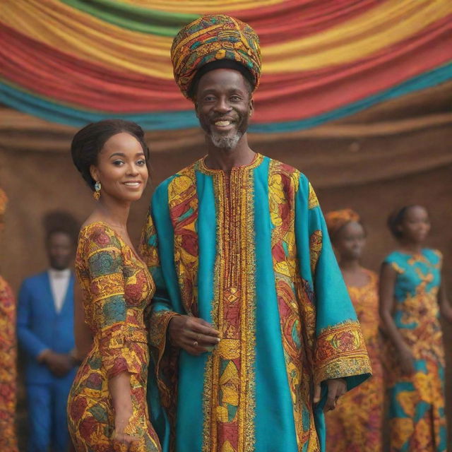 Create a 4k cinematic AI-animated African tale cartoon showcasing a moment during the festival, where Amina, in a gown made from vibrant African fabrics, captivates Prince Kofi's gaze.