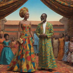 Create a 4k cinematic AI-animated African tale cartoon showcasing a moment during the festival, where Amina, in a gown made from vibrant African fabrics, captivates Prince Kofi's gaze.