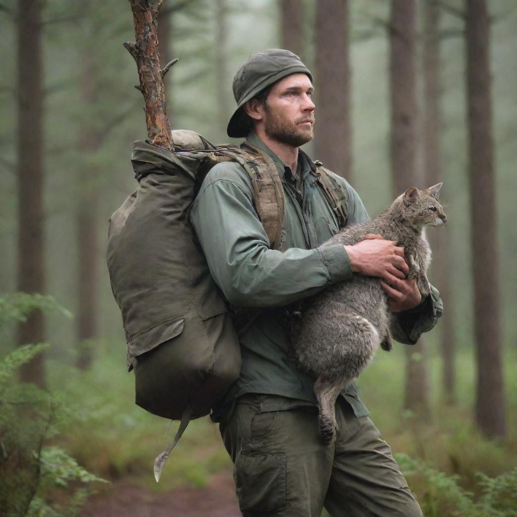 A capable hunter in wilderness attire, carrying a caught animal over his strong shoulder against a forest backdrop.