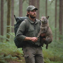 A capable hunter in wilderness attire, carrying a caught animal over his strong shoulder against a forest backdrop.