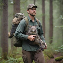 A capable hunter in wilderness attire, carrying a caught animal over his strong shoulder against a forest backdrop.